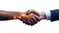 Business handshake between African American and Caucasian hands dissolving into glowing sparks and particles on white background, symbolizing partnership breakdown.