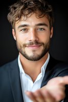 Young Caucasian businessman with beard and blue eyes wearing suit jacket and white shirt smiling warmly at camera against dark background, professional headshot portrait.