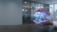 Businessman hands protecting holographic digital building model with data visualization in modern office environment for real estate technology concepts.