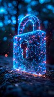 Glowing digital padlock with network connections and particles on dark background, neon blue and red lights creating futuristic cybersecurity concept.