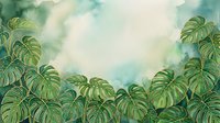 Lush tropical foliage with monstera leaves framing a soft, cloudy sky. Watercolor botanical artwork featuring vibrant green plants against a dreamy, misty background. Perfect for wellness, nature, and botanical design projects.