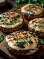 Stuffed portobello mushroom caps with melted cheese, spinach and garlic on wooden cutting board, close up view of baked appetizers garnished with fresh herbs.