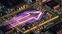 Computer processor chip with glowing purple arrow symbol on circuit board showcasing advanced technology and digital innovation for tech presentations.