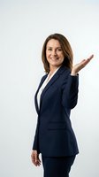 Professional businesswoman in navy suit presenting with open palm gesture on white background isolated for corporate design use.