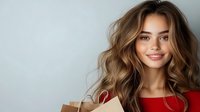 Young attractive Caucasian woman with long wavy brown hair wearing red top smiling at camera against neutral background for lifestyle and beauty content.