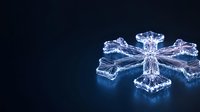 Macro photograph of natural ice crystal snowflake formation with intricate details and branches glowing with blue light against dark background, winter season concept.