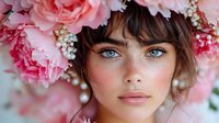 Young Caucasian woman with blue eyes and bangs surrounded by pink peonies and baby's breath flowers, soft romantic portrait with natural makeup and dreamy spring atmosphere.