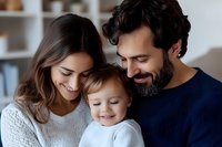 Young happy family with toddler child smiling together at home, wearing cozy knit sweaters. Authentic candid lifestyle moment showing connection and joy.