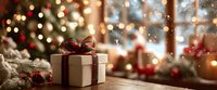 Festive gift box with red ribbon on wooden table against blurred Christmas tree and window background with bokeh lights. Perfect for holiday marketing.