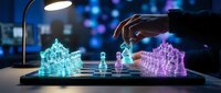 Hand moving glowing holographic chess piece on futuristic digital board with neon blue and pink lighting effects for strategic gaming concepts.