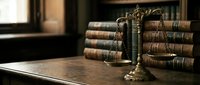 Vintage brass scales of justice on wooden desk with antique leather-bound law books in traditional attorney office setting for legal consultation services.