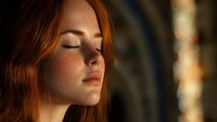 Young woman with red hair and freckles in golden sunlight with closed eyes and serene expression, side profile against blurred background. Natural beauty portrait.