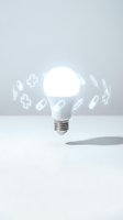 Glowing LED lightbulb with floating medical icons including pills, syringes, crosses on clean white background for healthcare innovation concepts.