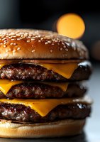 Triple cheeseburger with melted cheese and sesame seed bun photographed in dramatic lighting against dark background, close-up macro food photography.