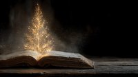 Magical golden tree growing from open book pages with sparkling light particles creating enchanting storytelling atmosphere on dark wooden surface.