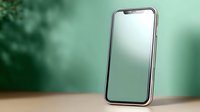 Modern smartphone with blank green screen mockup on blurred nature background, isolated device for app and interface presentation designs.