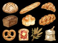 Assorted fresh baked bread, croissants, pretzel, and wheat isolated on transparent background. Ready for bakery designs, t-shirt prints, clipart, stickers, and print-on-demand products.