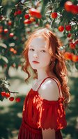 Young woman with red hair in matching red dress standing among cherry trees in summer orchard, natural sunlight creating dreamy atmosphere.