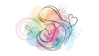 Mother holding newborn baby in tender embrace with colorful watercolor background and heart symbols for maternal love and bonding concepts.