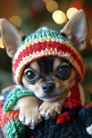 Adorable Chihuahua puppy wearing festive knitted Christmas hat and scarf with holiday bokeh lights background for seasonal greeting cards and decorations.