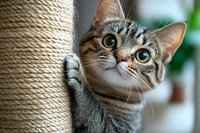 Tabby cat with wide eyes peeking around rope scratching post, playful pet behavior for animal and feline content.