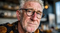 Senior Caucasian man with gray beard and glasses smiling warmly in cozy cafe setting. Elderly gentleman portrait with friendly expression and wisdom.