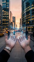 Hands holding digital holographic network interface above busy urban street at sunset with illuminated skyscrapers, representing technology innovation and business connectivity.