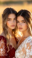 Two young Caucasian women with long blonde hair in elegant lace dresses posing together during golden hour sunset light for fashion portrait photography.