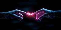 Glowing digital hands reaching towards each other with sparkling particles and light effect against dark background, symbolizing connection and technology.
