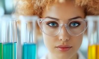 Young female scientist with curly red hair and transparent safety glasses examining laboratory test tubes containing colorful liquid chemicals in research lab.