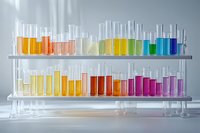 Colorful liquid samples in test tubes arranged on laboratory shelves creating rainbow spectrum display, scientific research concept for chemistry experiments.