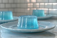 Blue translucent jelly dessert on white ceramic plate with ribbed pattern, soft focus background creates dreamy atmosphere. Fresh summer treat glows with light.