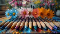 Colorful wooden pencils arranged in row with vibrant daisies in blue, pink, and orange creating artistic composition for creativity and education concepts.