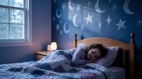 Young child peacefully sleeping in cozy bedroom with celestial moon and star wall decorations, soft nighttime lighting creating dreamy atmosphere for bedtime.