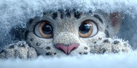Adorable owl chick with large blue eyes peeking through fresh white snow during winter season creating heartwarming wildlife scene for nature lovers.