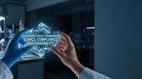Scientist in glove holds glowing hologram with corporate policy, ethics, compliance, sustainability text in dark lab setting.