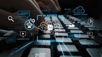 Business professional typing on laptop with artificial intelligence and machine learning technology overlay icons for automation and digital transformation.