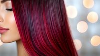 Asian woman with vibrant burgundy red ombre hair color against blurred bokeh background, showcasing modern hair coloring technique and professional salon result.
