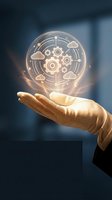Hand holding glowing digital sphere with gears and cloud computing icons representing technology innovation and business automation solutions.