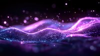 Abstract glowing waves with sparkling particles in purple and blue colors against dark background create magical flowing light effect for technology designs.