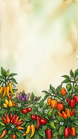 Watercolor illustration of ornamental peppers and chili plants with vibrant red, orange, and yellow fruits arranged at bottom border, isolated on cream background for design projects.