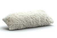 Luxurious white fluffy pillow with long shaggy fur texture isolated on white background, soft decorative cushion for modern interior design and home decor.