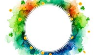 Colorful watercolor splash frame with shamrocks and gold coins for St. Patrick's Day celebration design. Vibrant green, orange, blue paint border.