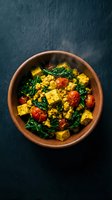 Vegan tofu scramble with turmeric-spiced cubes, fresh kale, cherry tomatoes, and nutritional yeast in terracotta bowl on dark surface for healthy eating and plant-based cuisine content.