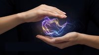Young adult female hands with light skin tone cradling glowing neon heart symbol in purple and gold. Concept for love, care, energy healing, wellness, and spiritual connection. Dark background.