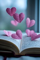 Pink paper hearts floating from open book pages creating romantic literary concept for love stories and Valentine's Day greeting cards.