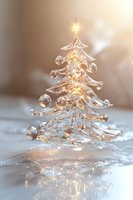 Glowing crystal glass Christmas tree ornament with golden lights and spherical decorations on reflective surface, creating magical holiday atmosphere.