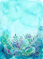 Watercolor illustration featuring turquoise and teal gradient background with decorative botanical elements, ornamental leaves, and flowing flourishes in gold accents. Suitable for wellness, spa, nature-themed designs.