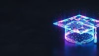Digital graduation cap with glowing particles and network connections on dark background for education technology and online learning concepts.