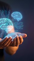 Hand holding glowing neon brain with circuit board connections and digital pathways, representing artificial intelligence, machine learning, and neural networks technology.